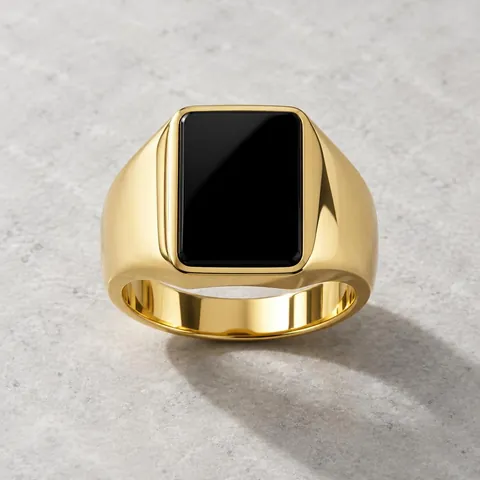 Anillo Sello Ónix, acero dorado 18k